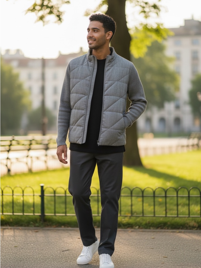 Peter Millar Light Gray Quilted Front Knit-Sleeve Jacket